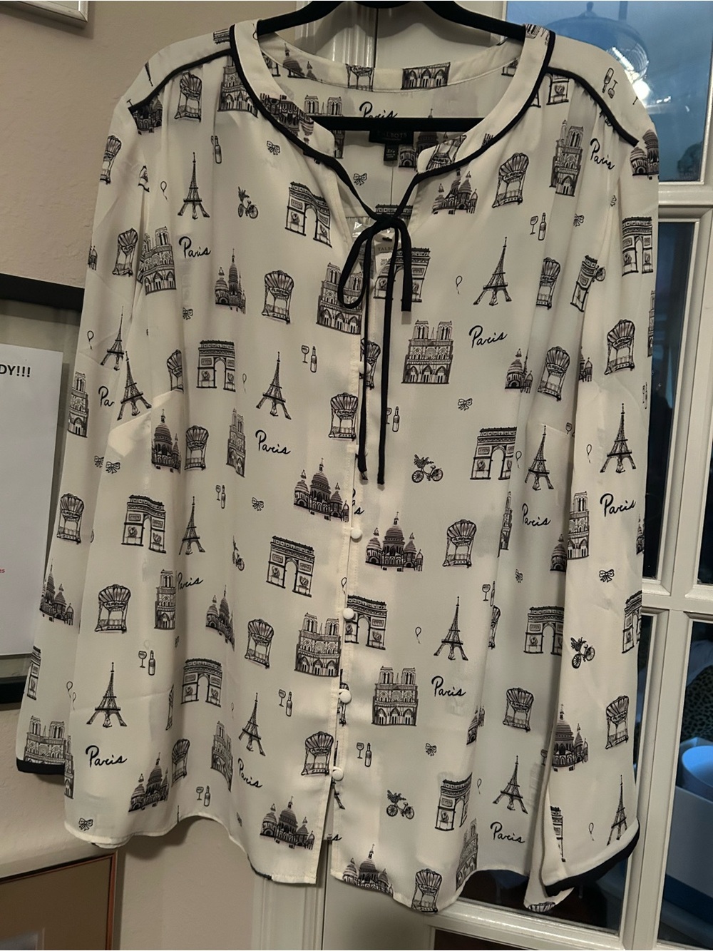 Paris Print Tie-Neck Blouse - White/Black